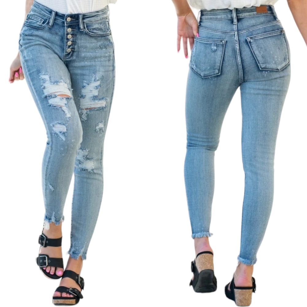 Judy Blue High Rise Skinny Jeans Bleach Splash Distressed Raw Hem Stretch 28 7
